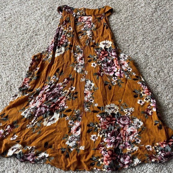 Mustard and roses Floral halter tank top with ruffles and cut out back - Picture 2 of 2